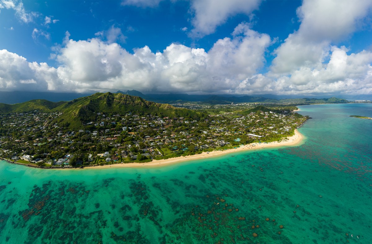 Drone shot of Lanikai Beach on Oahu, Hawaii