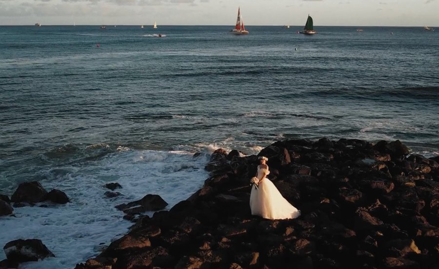 Drone image of a Hawaii wedding couple