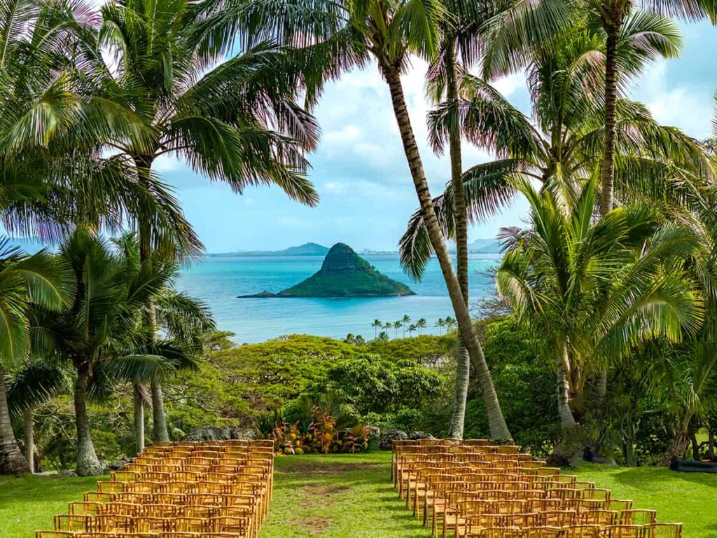 Paliku Gardens ceremony location overlooking Chinaman's Hat