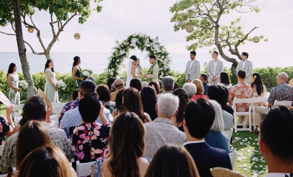 Wedding ceremony on the lawn at the Four Seasons Oahu