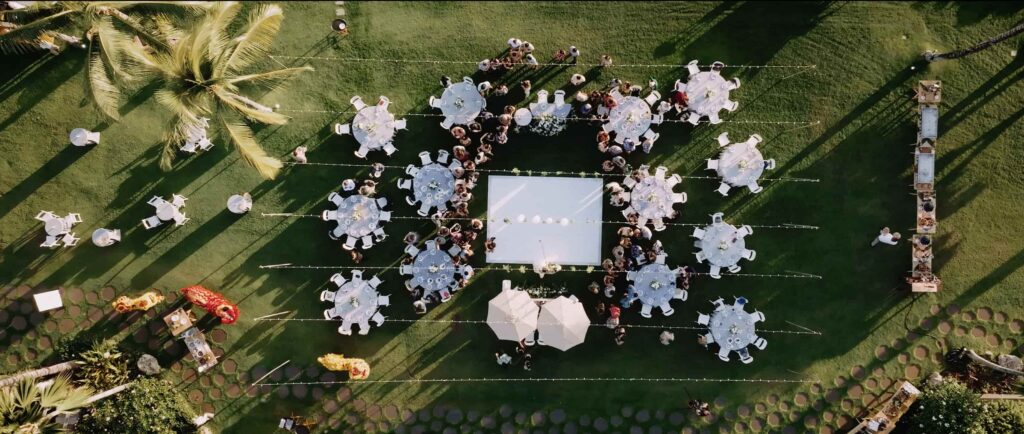 Drone photo of a wedding reception at the Four Seasons Oahu