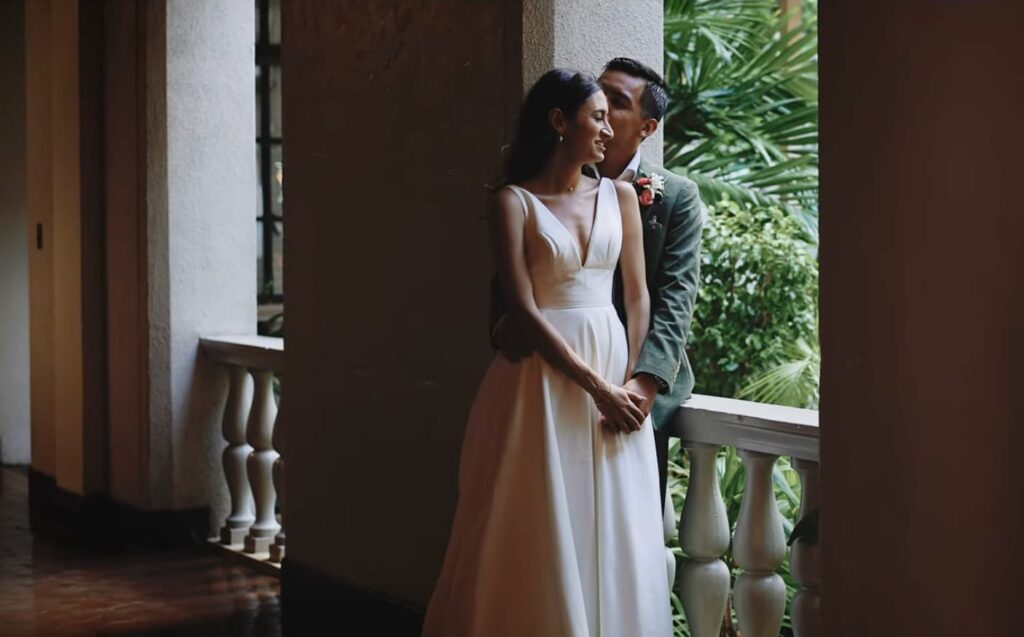 Wedding couple posing at Cafe Julia